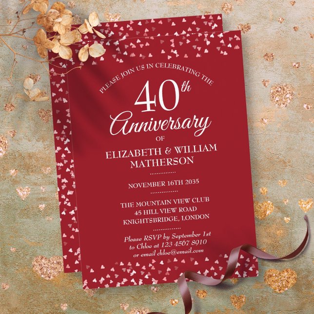 40. Hochzeitstag Ruby-Herzen Einladung (40th Wedding Anniversary Ruby Hearts Invitation)