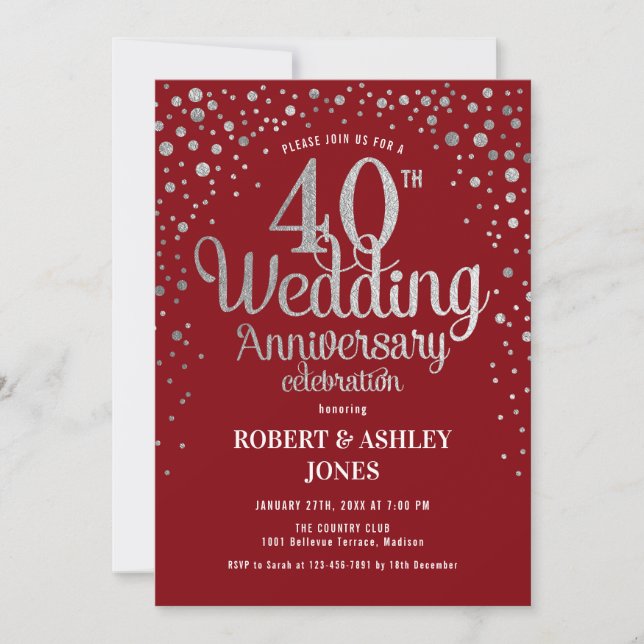 40. Hochzeitstag - Ruby Red & Silver Einladung (Vorderseite)