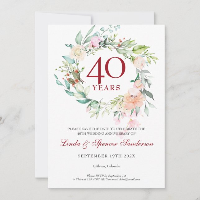 40. Hochzeitstag Save the Date floral Einladung (Vorderseite)