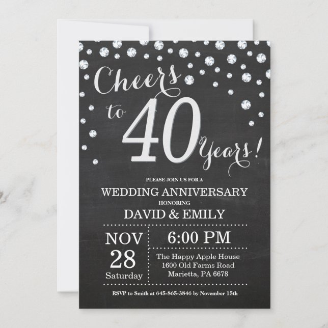 40. Hochzeitstag Schwarzes Silber Chalkboard Einladung (Vorderseite)
