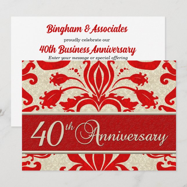 40 Jahre Business Red Damask Einladung (Vorne/Hinten)