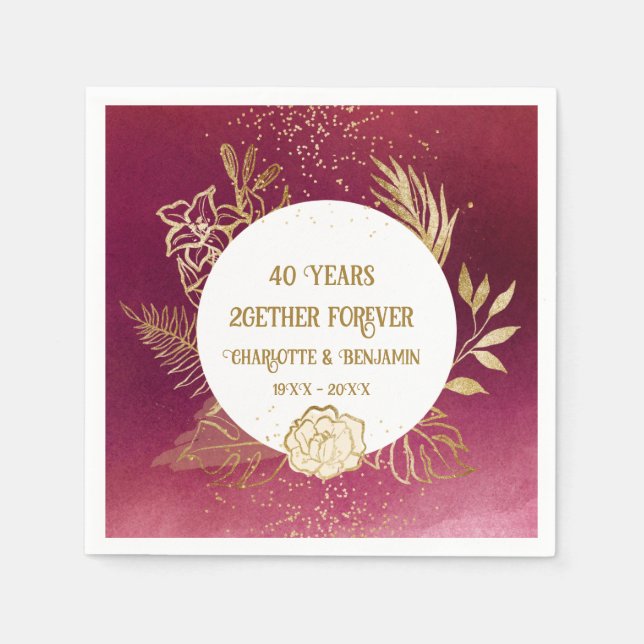 40 Jahre Jubiläum Gold Floral Ruby Hochzeit Serviette (Vorderseite)