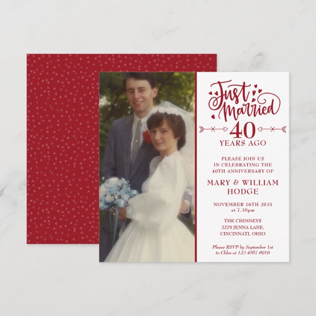 40 Jahre Jubiläum Just Married Wedding Foto Square Einladung (Vorne/Hinten)
