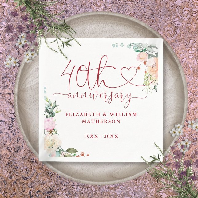 40 Jahre Ruby Heart Rose Blumenkohl Serviette (40th Anniversary Ruby Heart Roses Floral Napkins)
