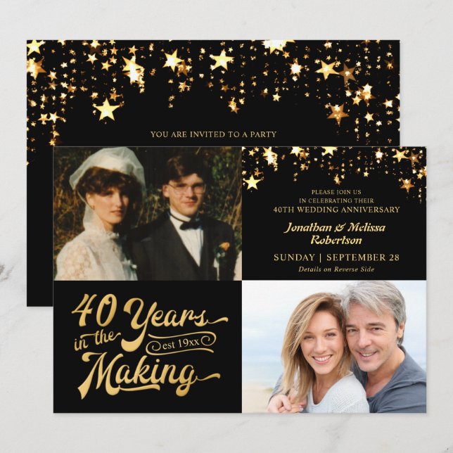 40. Jubiläum Dann & Jetzt Fotos Schwarz und Gold Einladung (Vorne/Hinten)
