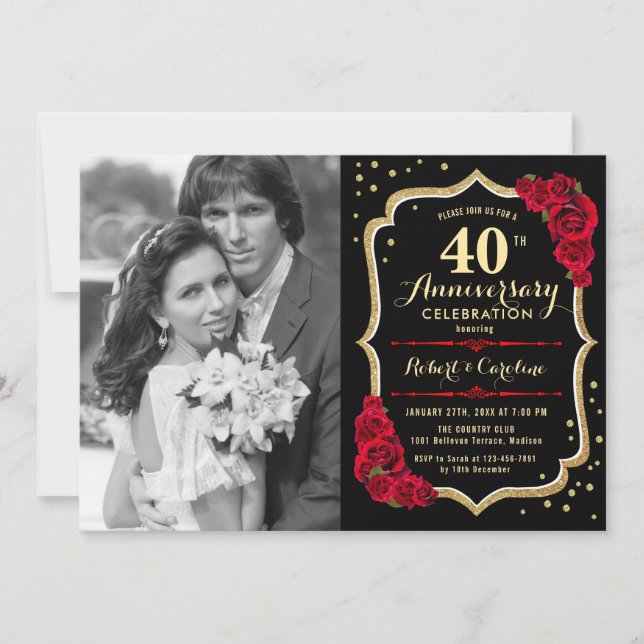 40. Jubiläum mit Foto - Rote Rosen Gold Black Einladung (Vorderseite)