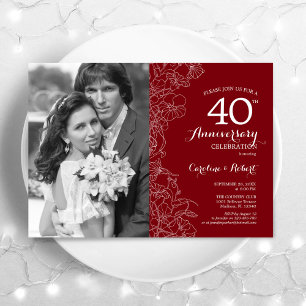 40. Jubiläum mit Foto Rubinrot Weiß Floral Einladung