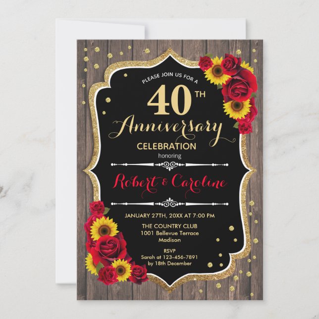 40. Jubiläum - Rote Rosen Sonnenblumen Holz Einladung (Vorderseite)