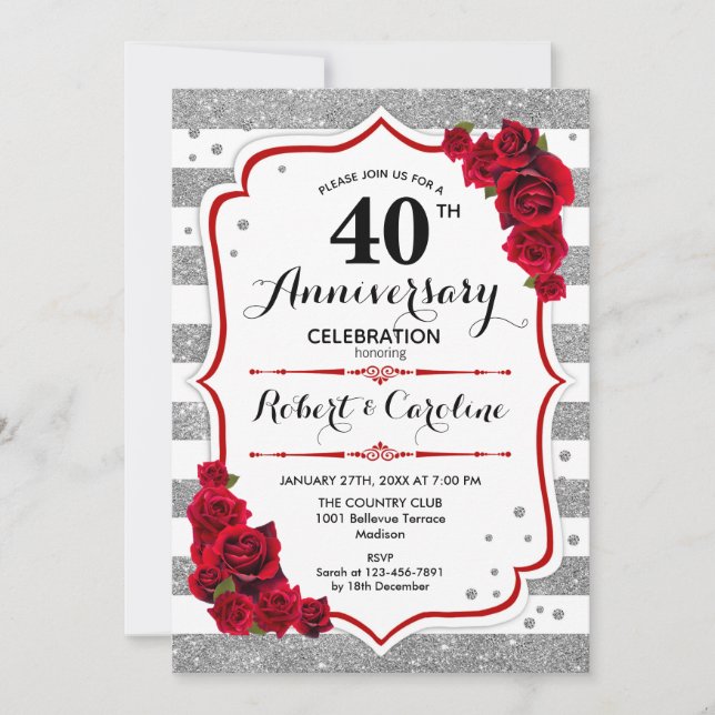 40. Jubiläum - Silberweiße Rote Rosen Einladung (Vorderseite)