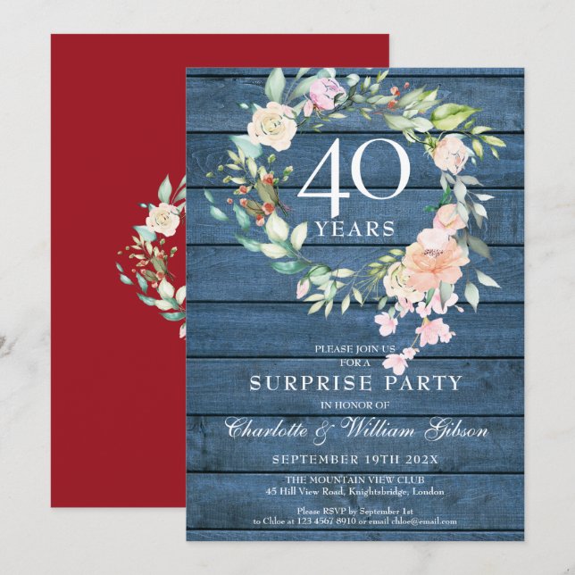 40. Jubiläum Überraschung Party Floral Blue Rustic Einladung (Vorne/Hinten)