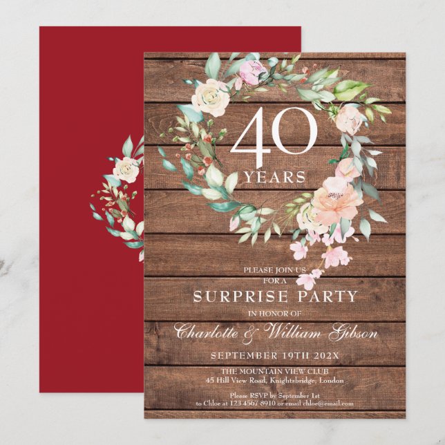 40. Jubiläum Überraschung Party florales rustikale Einladung (Vorne/Hinten)