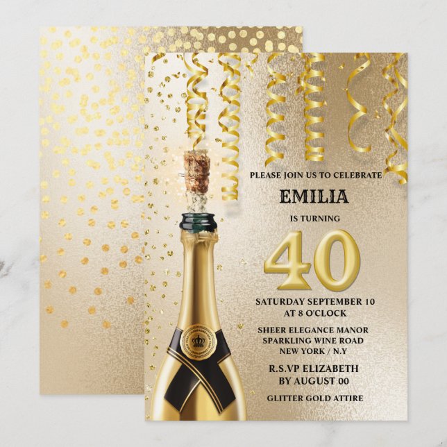 40 Meilenstein Schaumwein Imitate Gold Glitzer Einladung (Vorne/Hinten)