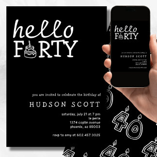 40. Mens Geburtstagsparty Hallo 40 Moderne Schwarz Einladung