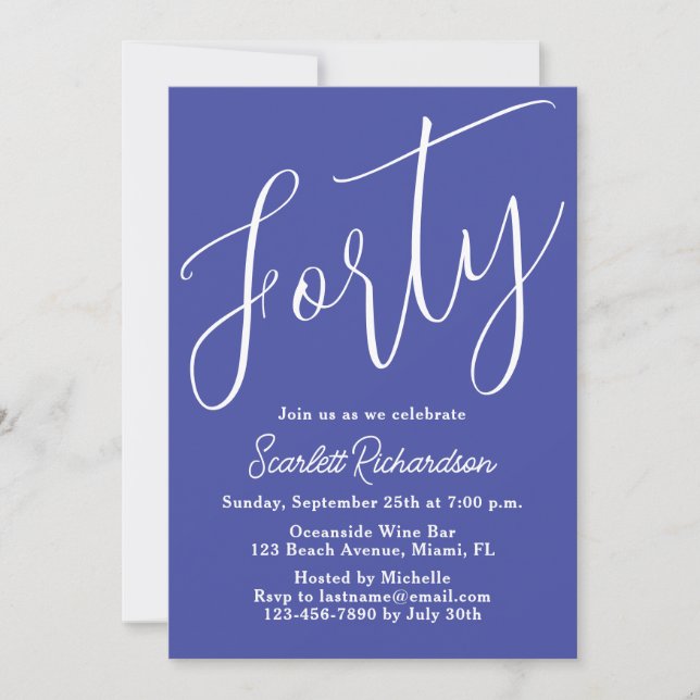 40 moderne Script Lavender Lila 40. Geburtstag Einladung (Vorderseite)