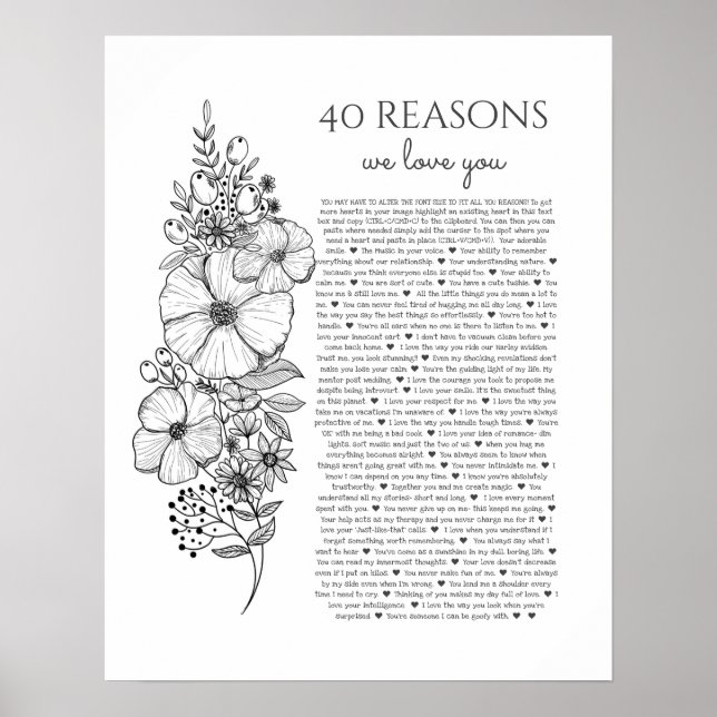 40 reasons why we love you tattoo style gift poster (Vorne)