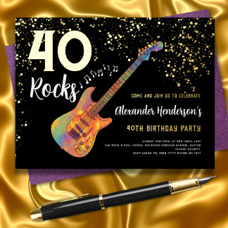 40 Rocks Geburtstagsparty Black and Gold Glitzer Folie Einladungspostkarte