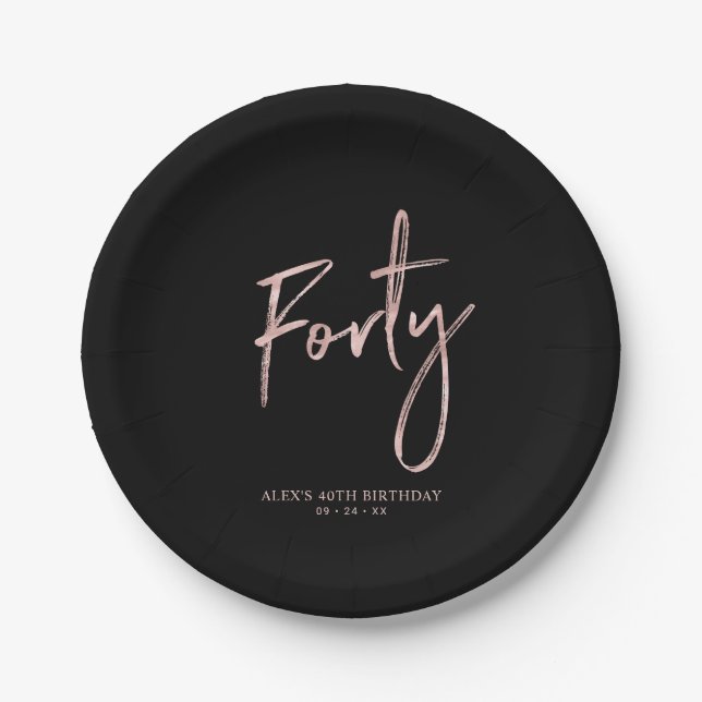 40 Rose Gold & Black 40. Party Pappteller (Vorderseite)