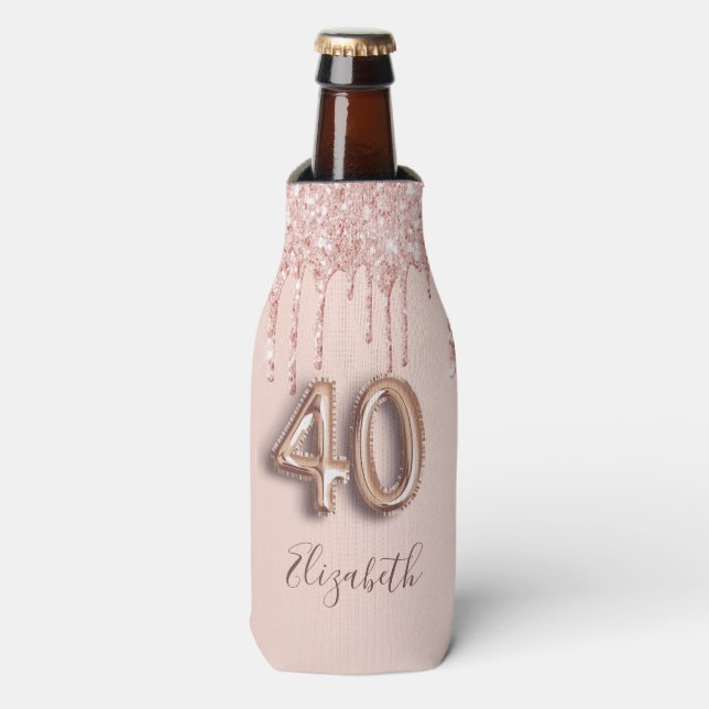 40. Rose Gold Glitzer Namensskript Flaschenkühler (Flaschenvorderseite)
