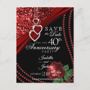 40. Roter Glitzer und Rose - Save the Date Ankündigungspostkarte