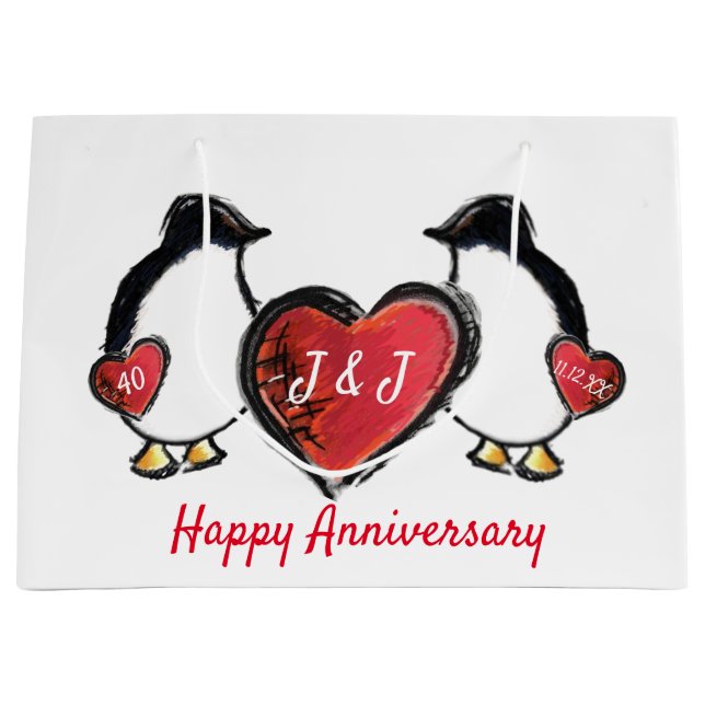 40. rubinischer Hochzeitspinguin Große Geschenktüte (Vorderseite)