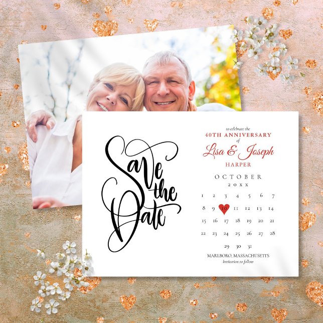 40. Ruby Anniversary Save the Date Calendar Foto Ankündigungspostkarte (40th Ruby Anniversary Save the Date Calendar Photo Announcement Postcard)