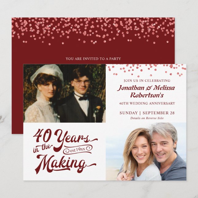 40. Ruby Anniversary Then & Now Fotos Party Einladung (Vorne/Hinten)