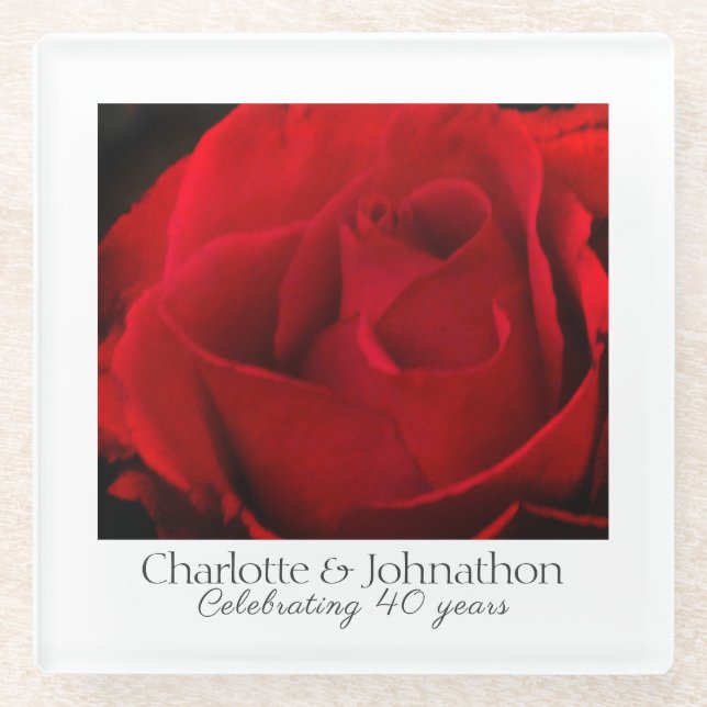 40. Ruby Hochzeit-Rote Rose Glasuntersetzer (Vorderseite)