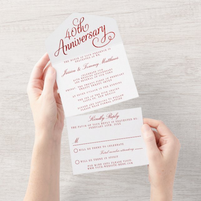 40. Ruby-Hochzeitstag All In One Einladung (Abreißen)
