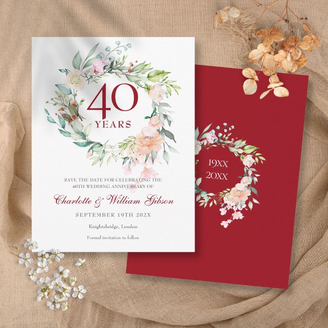 40. Ruby Jubiläum Save the Date Rose Garland Postkarte (40th Ruby Anniversary Save the Date Roses Garland Postcard)