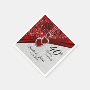 40. Ruby Red and White Glitzer Jubiläum Serviette
