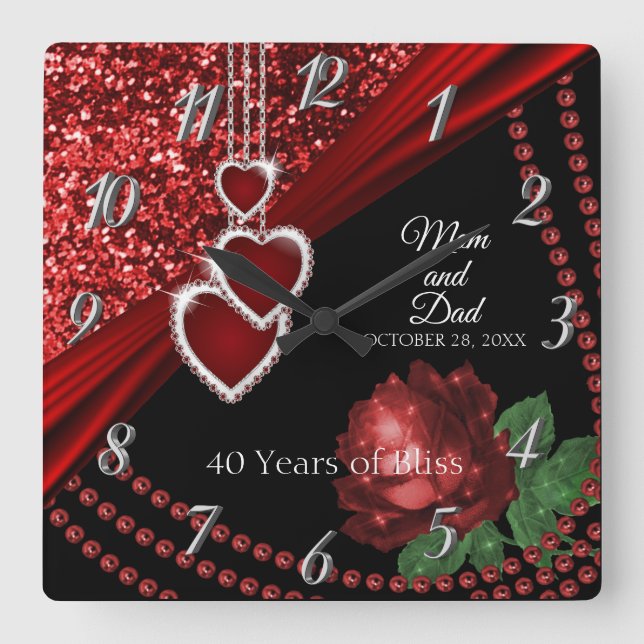 40. Ruby Red Glitzer and Rose Jubiläum Quadratische Wanduhr (Vorderseite)