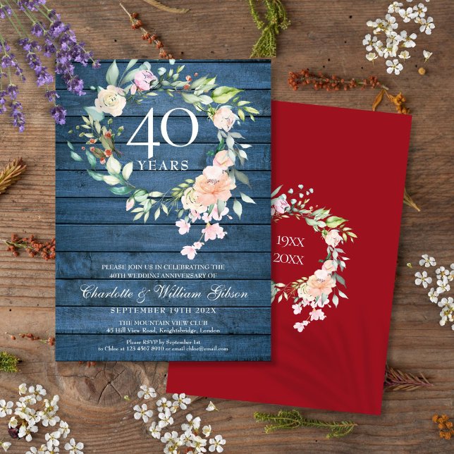 40. Ruby Wedding Anniversary Blue Rustic Floral Einladung (40th Ruby Wedding Anniversary Blue Rustic Floral Invitation)