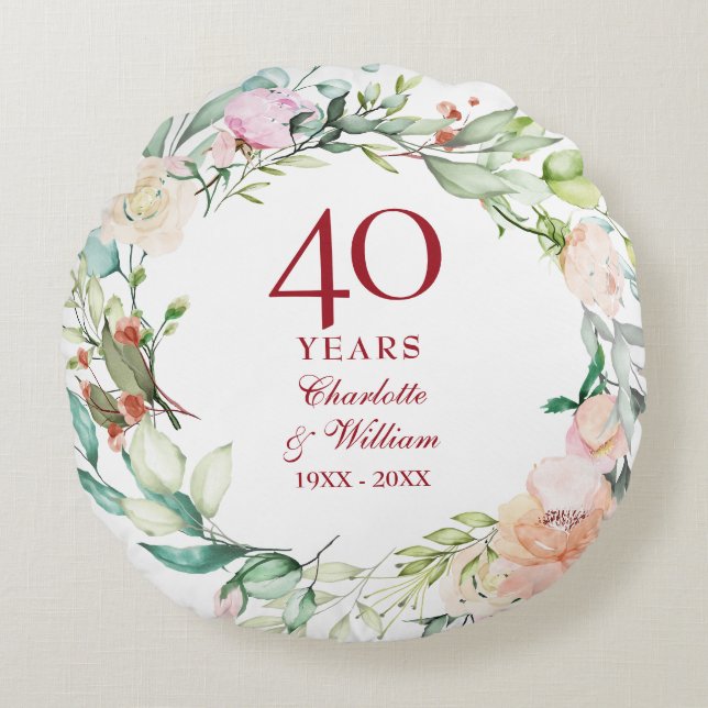 40. Ruby Wedding Anniversary Foto Country Floral Rundes Kissen (Vorderseite)