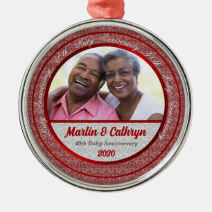 40. Ruby Wedding Anniversary Red Damask Foto Ornament Aus Metall