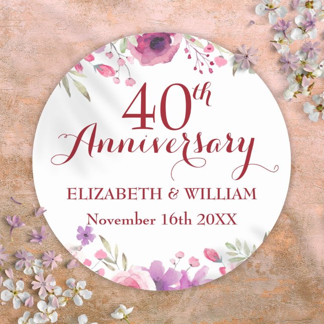 40. Ruby Wedding Anniversary Watercolor Rose Runder Aufkleber (40th Ruby Wedding Anniversary Watercolor Roses Classic Round Sticker)