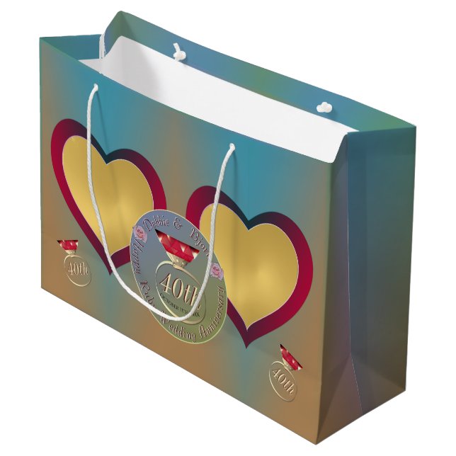 40. Ruby Wedding Jubiläum 2 Herz Fotos Große Geschenktüte (Vorderseite Schrägansicht)
