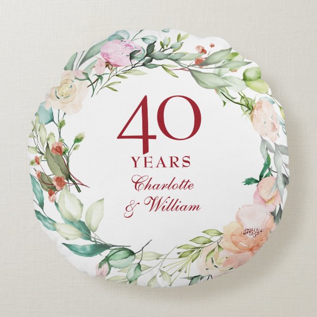 40. Ruby Wedding Jubiläum Elegant Floral Rundes Kissen (Vorderseite)