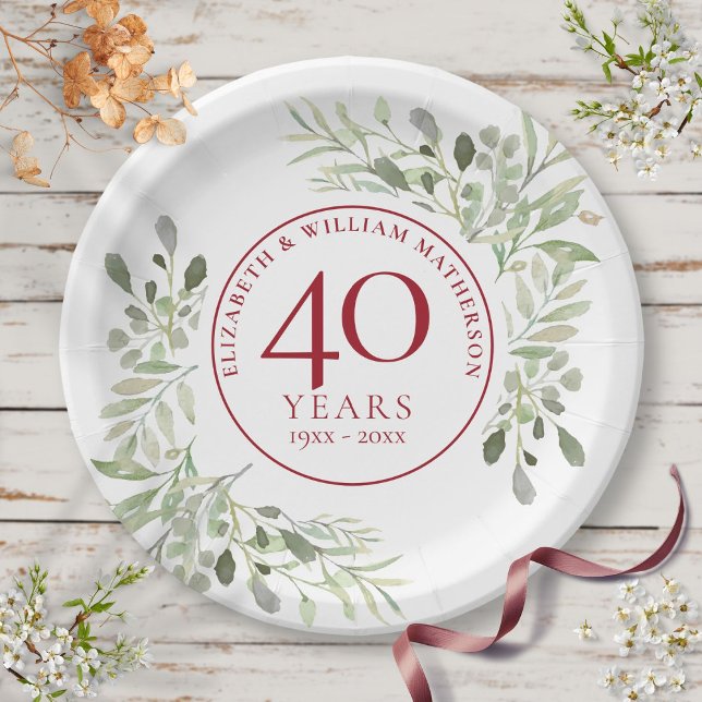 40. Ruby Wedding Jubiläum Landgrün Pappteller (40th Ruby Wedding Anniversary Country Greenery Paper Plates)