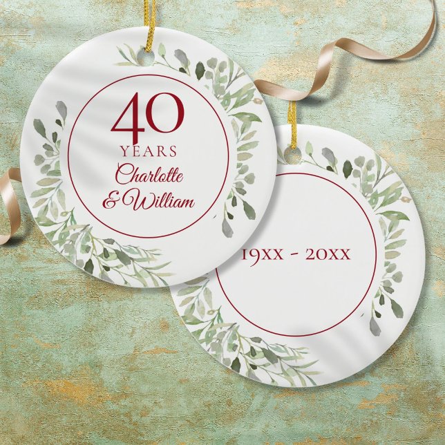 40. Ruby Wedding Jubiläum Wasserfarbenwelt Keramik Ornament (40th Ruby Wedding Anniversary Watercolor Greenery Ceramic Ornament)