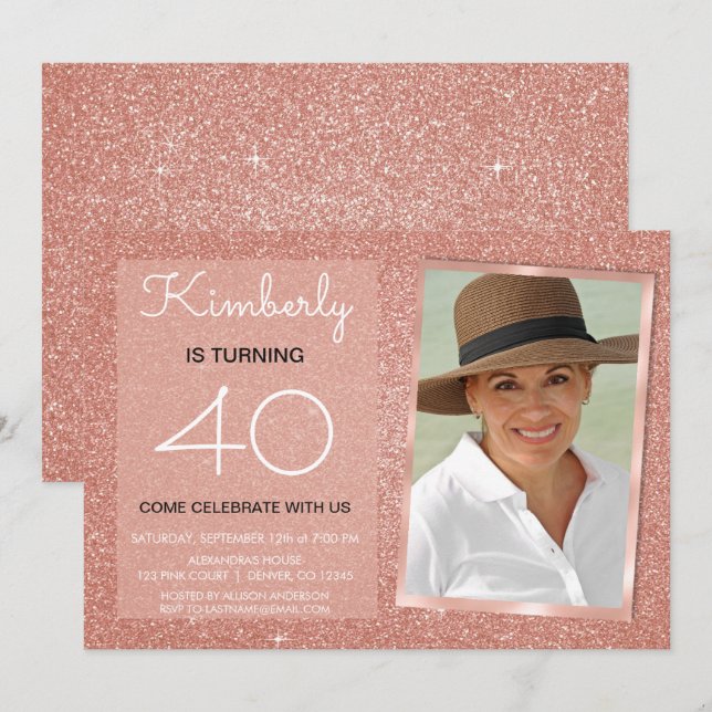 40. Sparkle Rose Gold Blush Pink Foto Einladung (Vorne/Hinten)