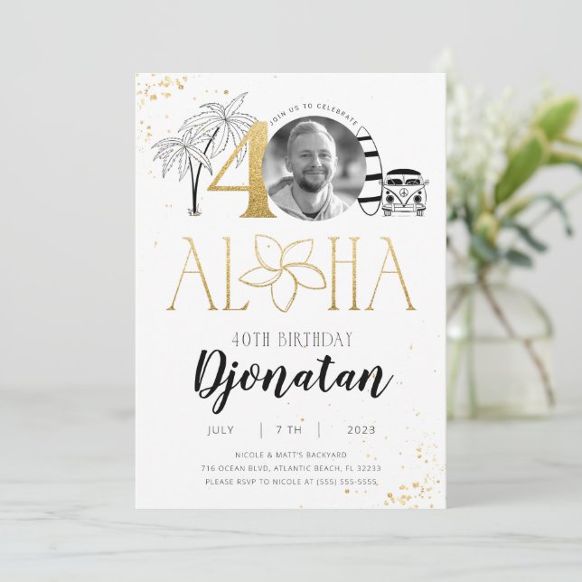 40. Tropical Birthday Gold Einladung mit Foto (Stehend Vorderseite)