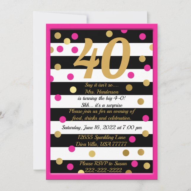 40 und fabelhaft Hot Pink Schwarz-weißer Goldtag Einladung (Vorderseite)