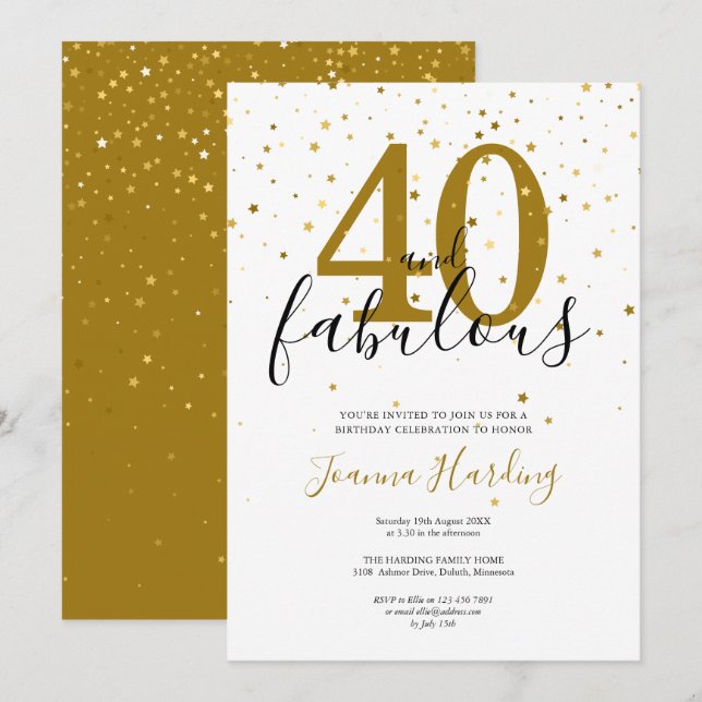 40 und fabelhafte Elegant Gold und Black Birthday Einladung (Vorne/Hinten)