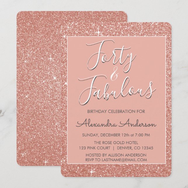 40 und fabelhafte Rose Gold Blush Pink Glitzer Einladung (Vorne/Hinten)
