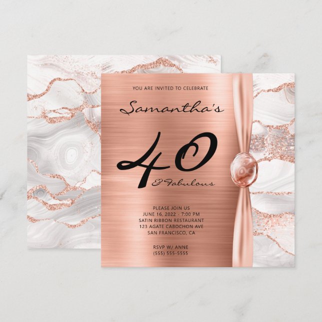 40 und fabelhafte Rose Gold und White Agate Geburt Einladung (Vorne/Hinten)