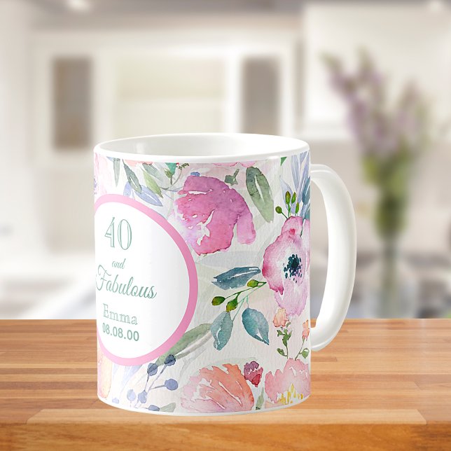 40 und fabelhafte, wasserfarbene, rosa Blume boho Kaffeetasse (Von Creator hochgeladen)