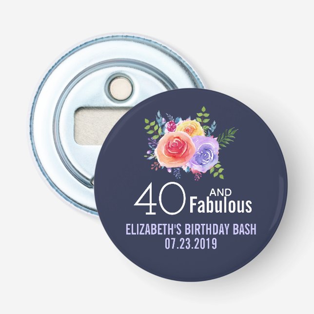40 und fabelhafter Text - Aquarellblume Geburtstag Flaschenöffner (Vorderseite)