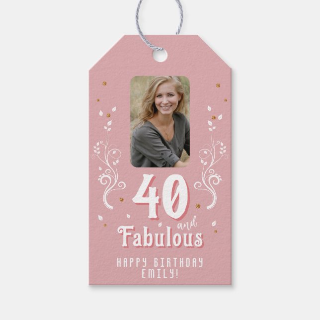 40 und fabelhaftes Foliage Pink Foto 40. Geburtsta Geschenkanhänger (Vorderseite)