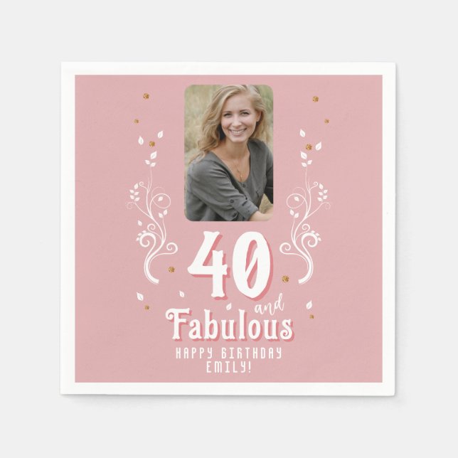 40 und fabelhaftes Foliage Pink Foto 40. Geburtsta Serviette (Vorderseite)