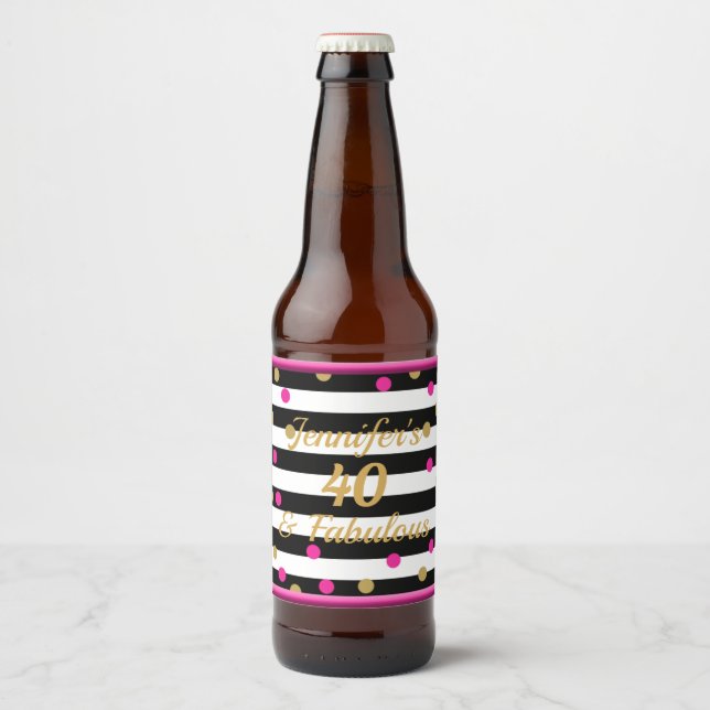 40 und fabelhaftes Hot Pink Schwarz-weiß Gold Bierflaschenetikett (Vorderseite)